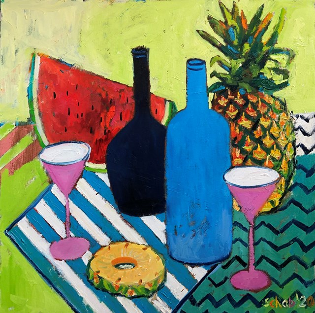 Living room painting by David Schab titled Still life with blue bottles