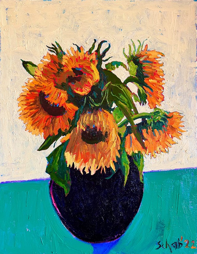 Living room painting by David Schab titled Sunflowers on the green table 