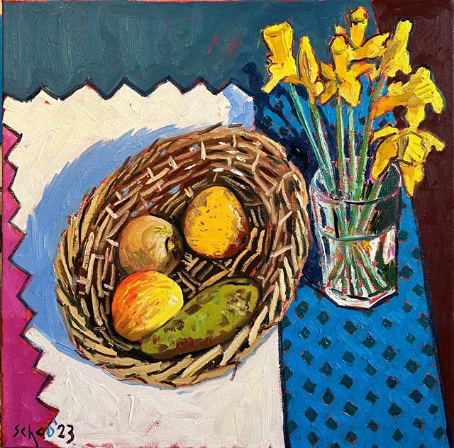 Living room painting by David Schab titled Fruit in the basket and daffodils