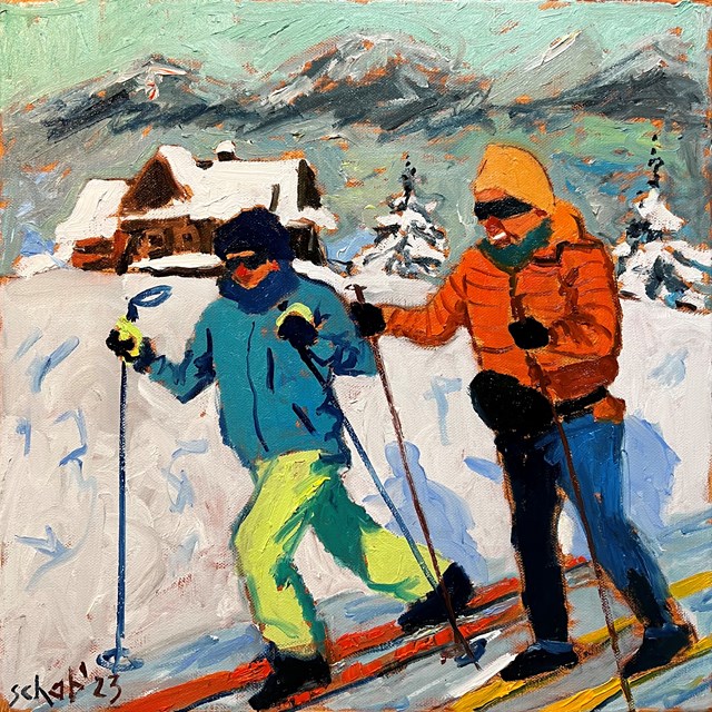 Living room painting by David Schab titled Skiers 