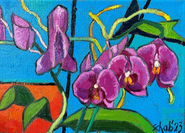 Living room painting by David Schab titled Purple orchids 