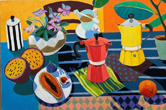 Living room painting by David Schab titled Still life with two moka pots 