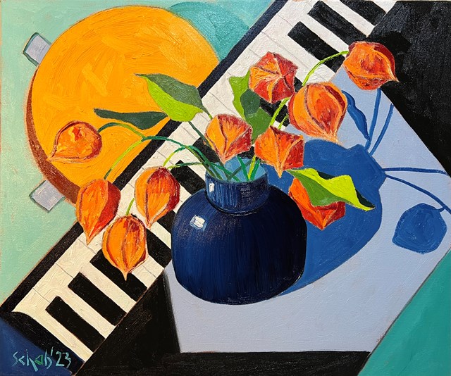 Living room painting by David Schab titled Chinese lantern on the piano 