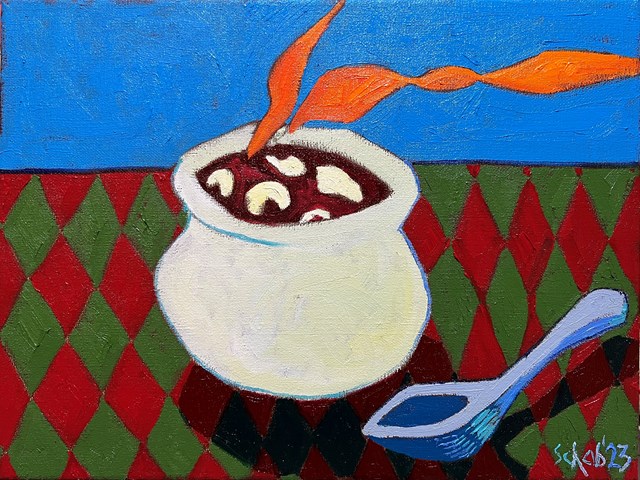Living room painting by David Schab titled Beetroot soup with dumplings 
