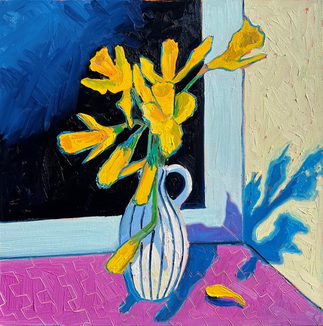 Living room painting by David Schab titled Daffodils on the window 