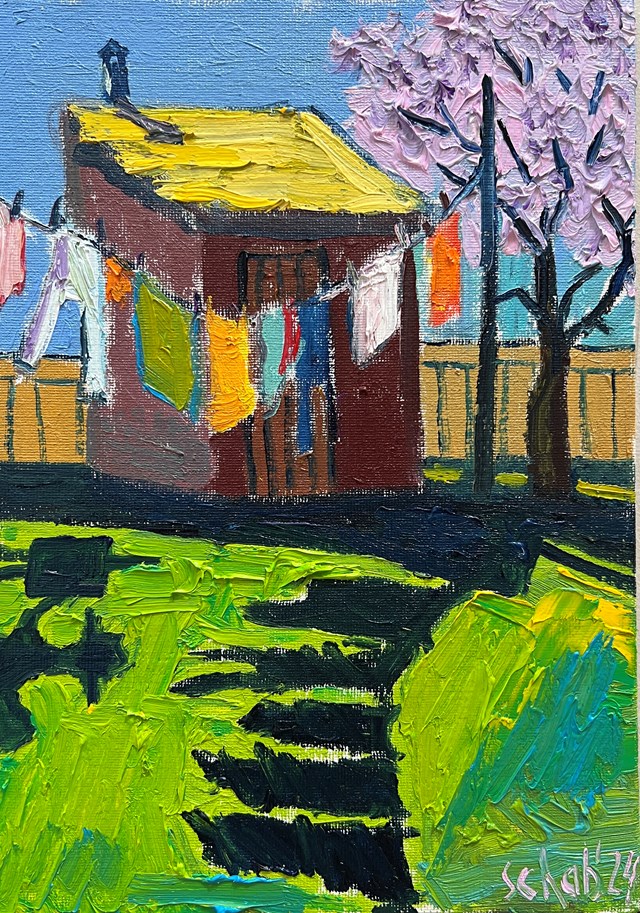 Obraz do salonu artysty David Schab pod tytułem Malowanie w ogrodzie