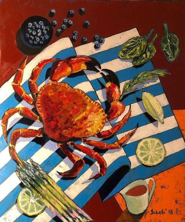 Living room painting by David Schab titled Still life with crab