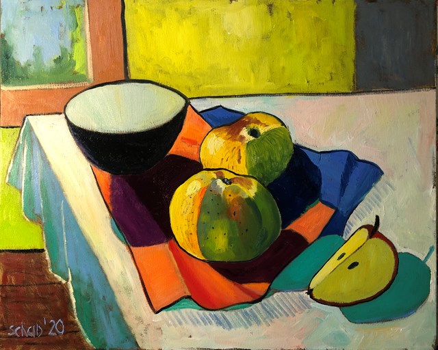 Living room painting by David Schab titled Still life with two yellow apples