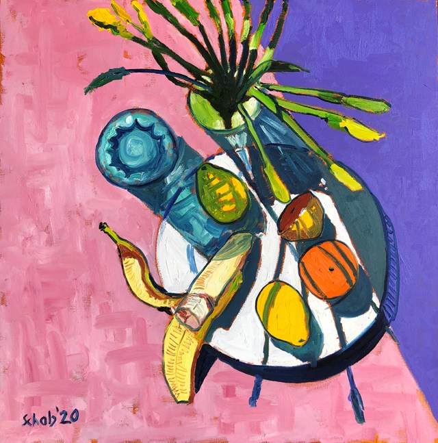 Living room painting by David Schab titled  Still life with daffodils and fruit