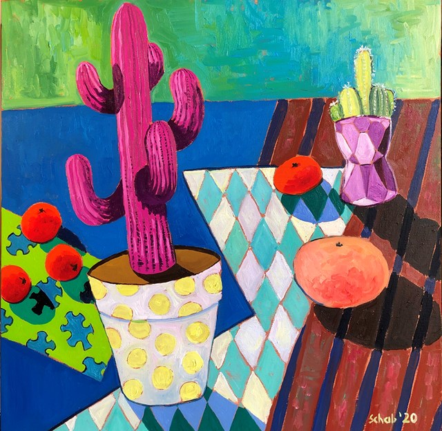 Living room painting by David Schab titled  Still life with a pink cactus