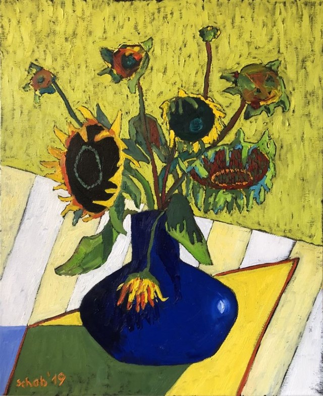 Living room painting by David Schab titled Sunflowers in a sapphire vase