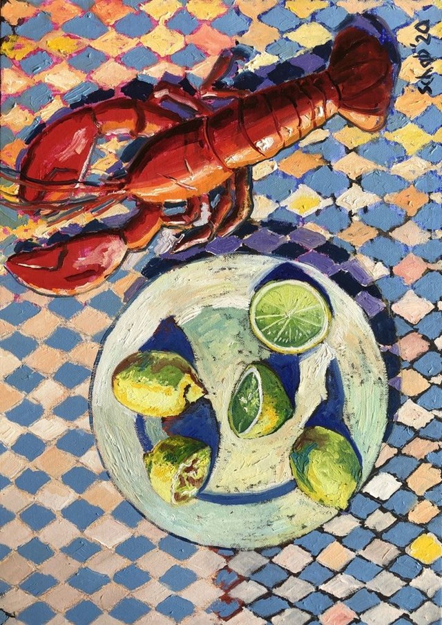 Living room painting by David Schab titled Still life with lobster and lemons