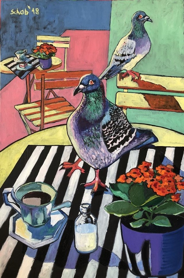 Obraz do salonu artysty David Schab pod tytułem Kawa z gołębiami