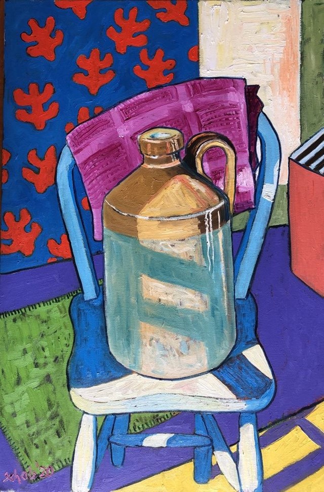 Living room painting by David Schab titled Still life with clay pitcher
