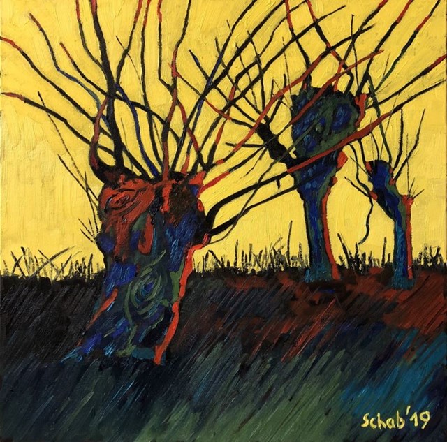Living room painting by David Schab titled Willows and yellow sky