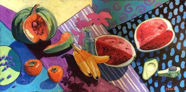 Living room painting by David Schab titled Still life with pumpkin and watermelon