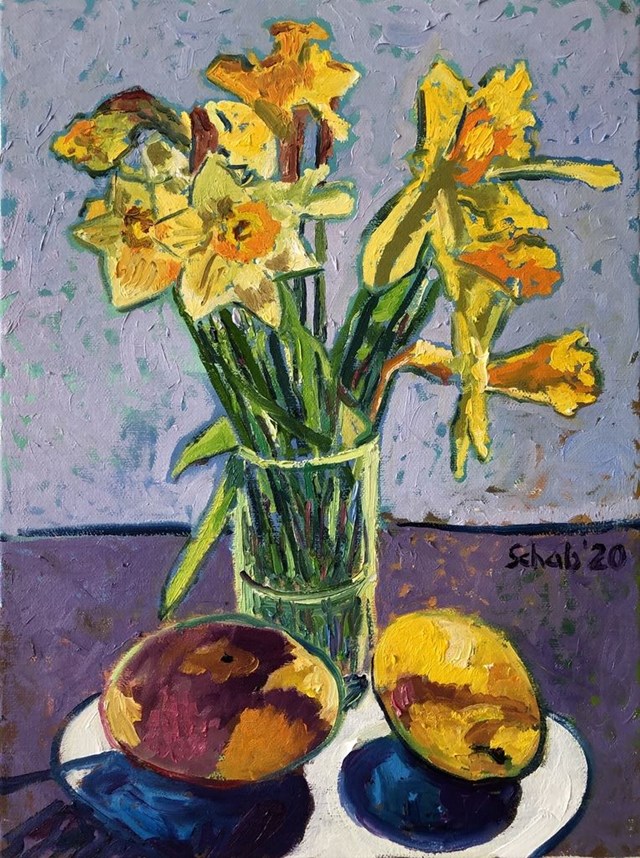 Living room painting by David Schab titled Still life with daffodils and mango