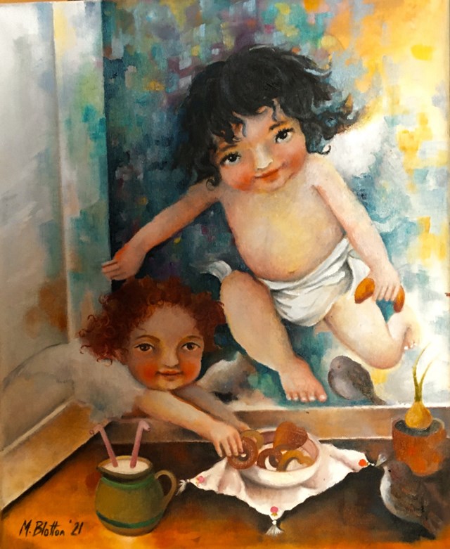 Living room painting by Monika Blatton titled Angels feeding