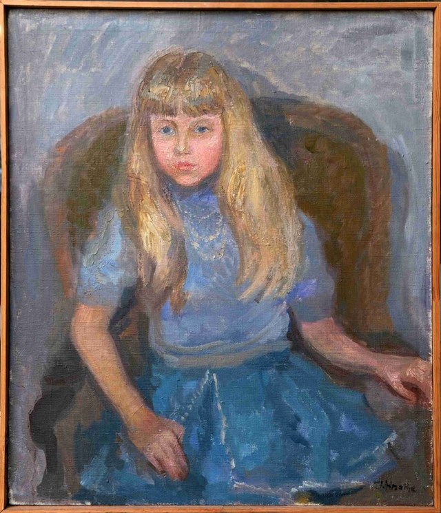 Living room painting by Irena Knothe titled Girl in Blue Dress, 1970'