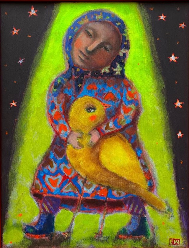 Living room painting by Emilia Waszak titled Girl with a Canary