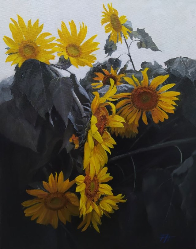 Living room painting by Halina Pokusińska titled Ukrainian sunflowers
