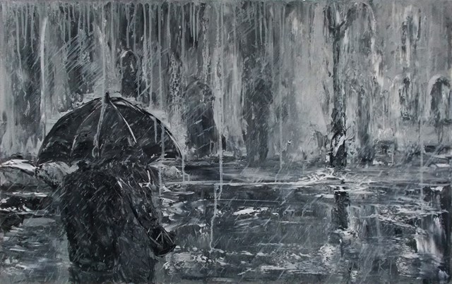 Living room painting by Alla Preobrazhenska-Ronikier titled Lovers under an umbrella