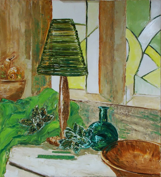 Living room painting by Alla Preobrazhenska-Ronikier titled Still life with a lamp on the windowsill