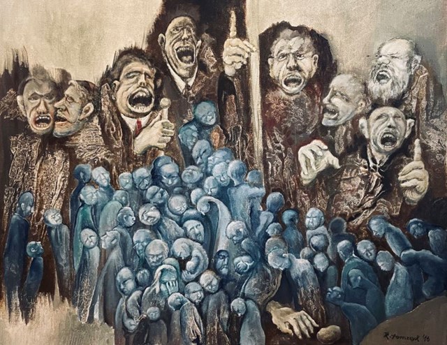 Living room painting by Ryszard Tomczyk titled Mouths for the shouting people
