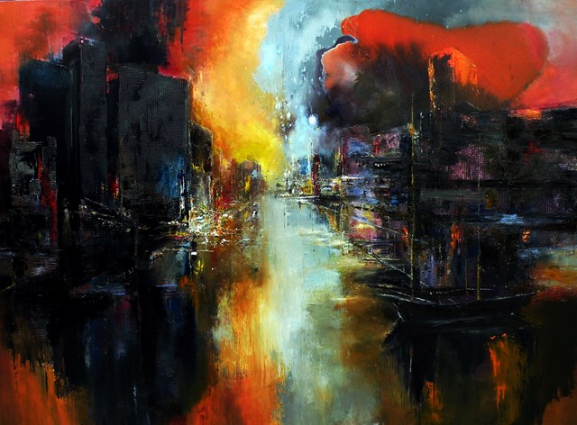 Living room painting by Tadeusz Machowski titled moon over city