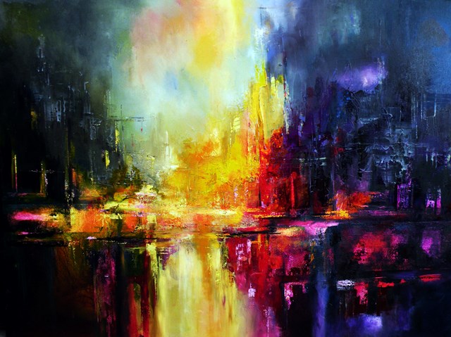 Living room painting by Tadeusz Machowski titled sunrise over city 