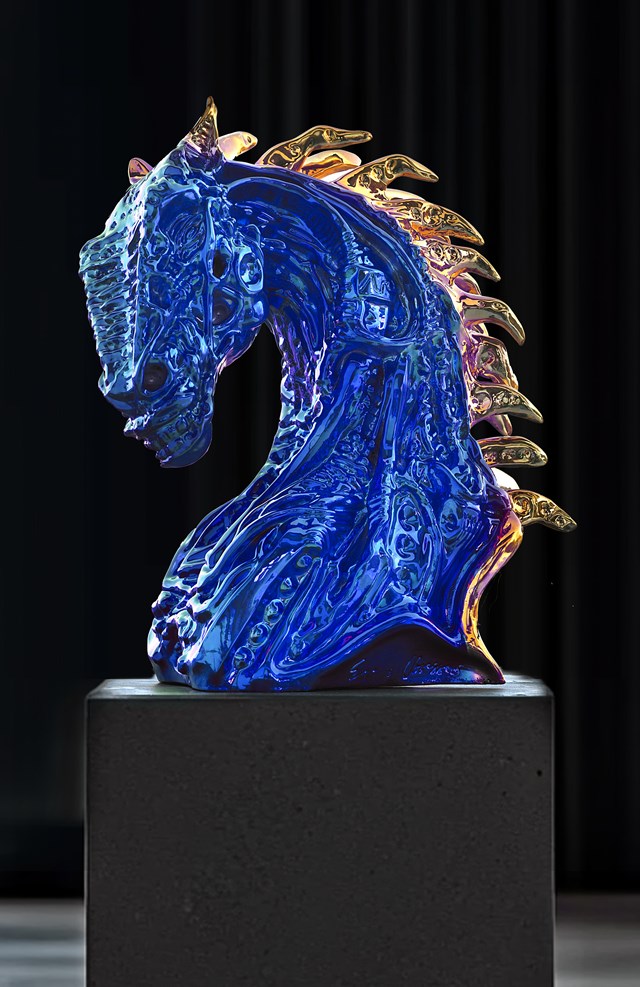 Living room sculpture by Krzysztof Płonka titled EQUUS BLUE GOLD 