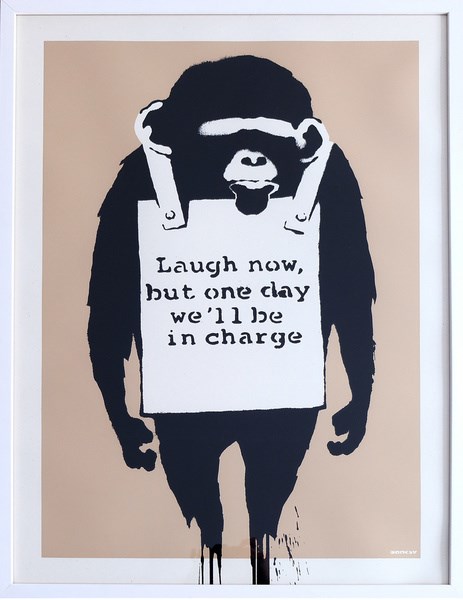 Living room print by Banksy titled Laugh now, but one day we’ll be in chargé, 246/500, ed. West Country Prince