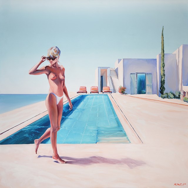 Living room painting by Rafał Knop titled  Madame V Angel ’15 Swimming Pool