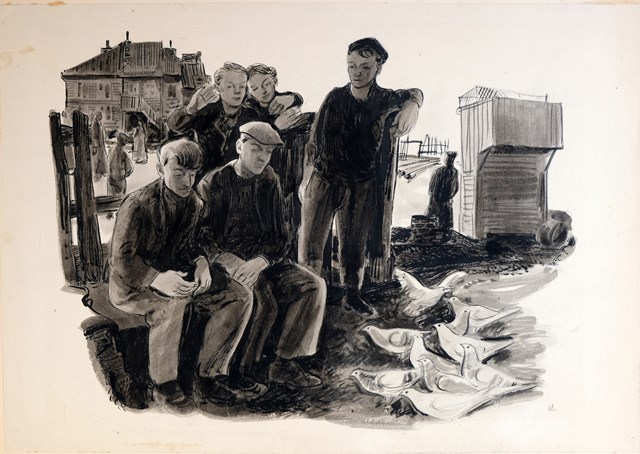 Living room painting by Wacław Siemiątkowski titled Boys and pigeons