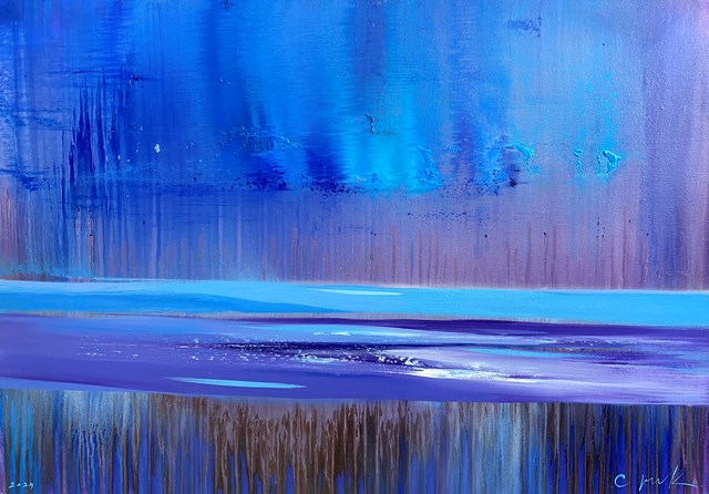 Living room painting by Katsiaryna Sumarava titled Movement in blue.