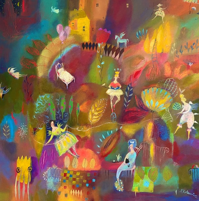 Living room painting by Hanna Kotewicz titled A Ziemia jest okrągła i ma kolory tęczy.