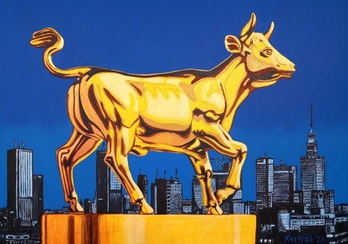 Living room painting by Robert Krężlak titled Golden Calf