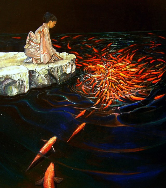 Living room painting by Iwa Kruczkowska titled "Black Water"