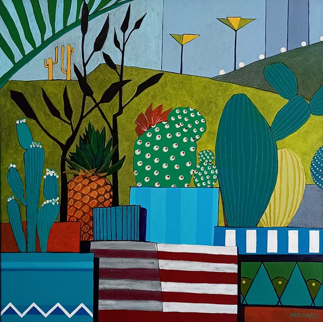 Obraz do salonu artysty Michał Ostaniewicz pod tytułem "Pejzaż z kaktusami i ananasem"