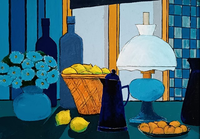Obraz do salonu artysty Michał Ostaniewicz pod tytułem "Martwa natura z lampą naftową i koszykiem z cytrynami"