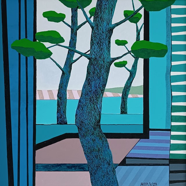 Obraz do salonu artysty Michał Ostaniewicz pod tytułem "Pejzaż z widokiem na zatokę"