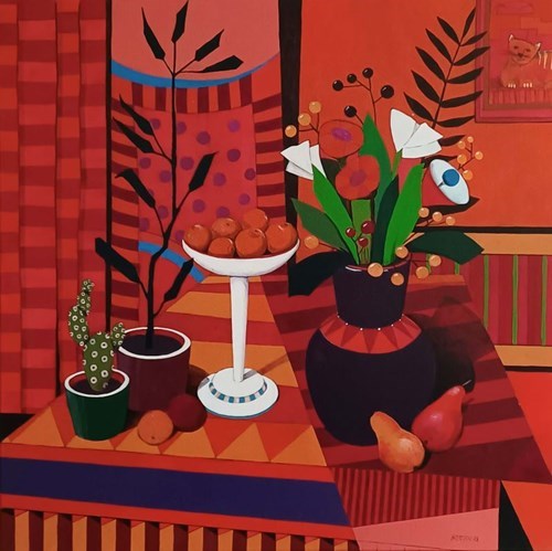 Living room painting by Michał Ostaniewicz titled Still Life with a Portrait of a Cat in the Background