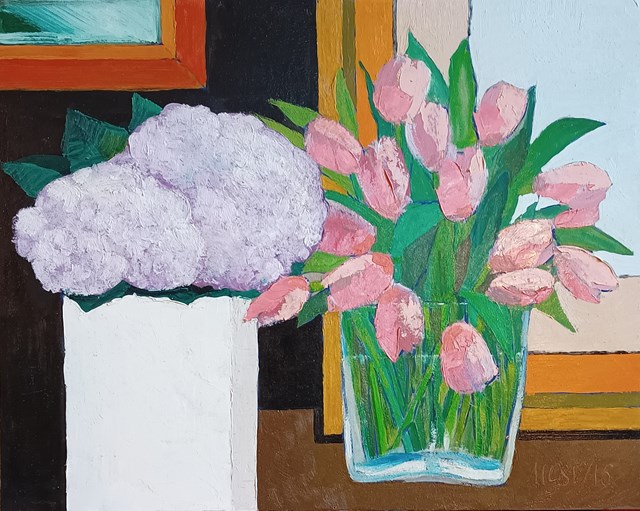 Obraz do salonu artysty Michał Ostaniewicz pod tytułem Hortensje i tulipany