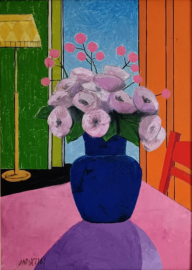 Obraz do salonu artysty Michał Ostaniewicz pod tytułem "Niebieski wazon na różowym stole"