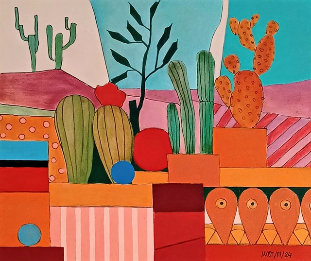 Obraz do salonu artysty Michał Ostaniewicz pod tytułem "Kaktusy i dwie niebieskie kule"