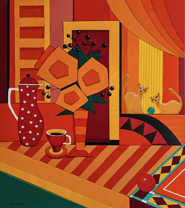 Living room painting by Michał Ostaniewicz titled Martwa natura przy basenie - czarna kawa i dwie figurki kotów 