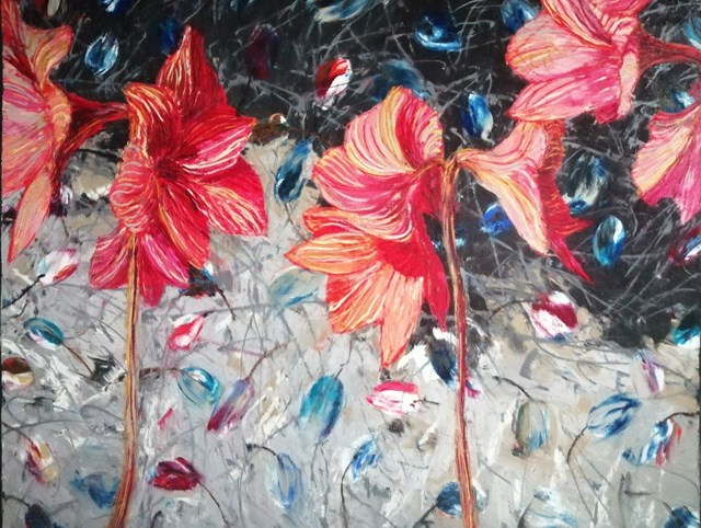 Obraz do salonu artysty Karina Sławińska Hartai pod tytułem Amarylisy i Tulipany