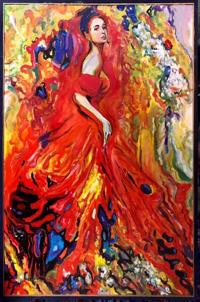 Living room painting by Dariusz Żejmo titled Lady in red