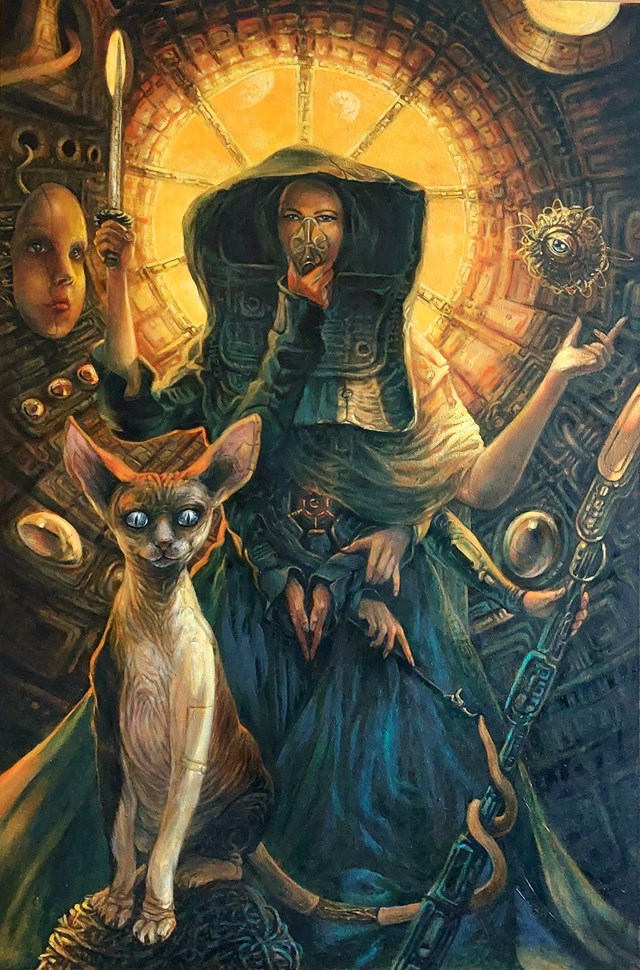 Living room painting by Krzysztof Krawiec titled About the Bene Gesserit cat