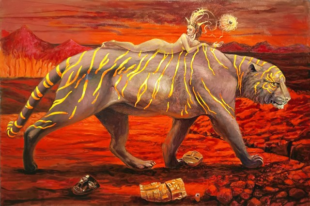 Living room painting by Krzysztof Krawiec titled "The Tiger's Inner Way"